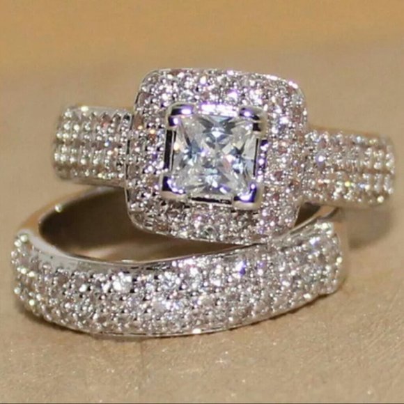 🔥Shiny Princess Cut Square Zircon Delicate Luxury Silver Ring Set, UNVN12306 - Picture 1 of 6